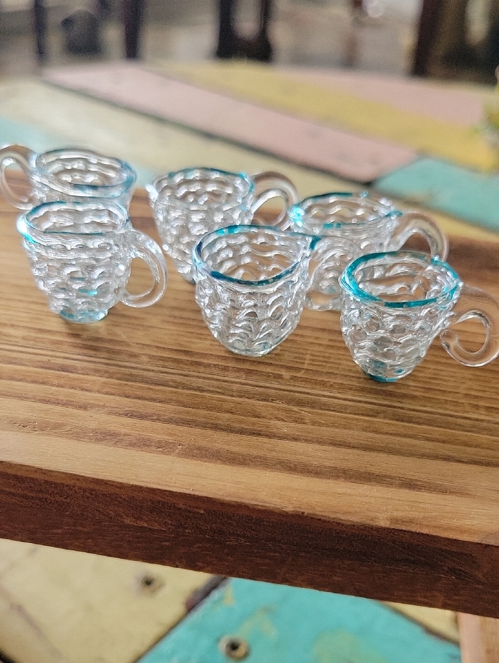 Six Miniature Clear Glass Mugs with Teal Trim